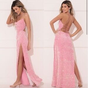 Lucy in the Sky Lissy Velvet Sequin‎ Gown Womens L Maxi Dress Side Slits Lace Up